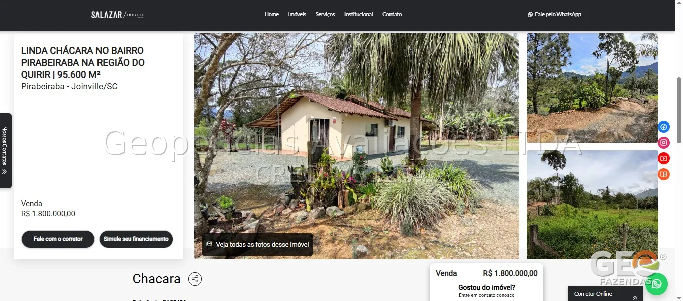 Captura de tela de anúncio imobiliário com fotos de chácara